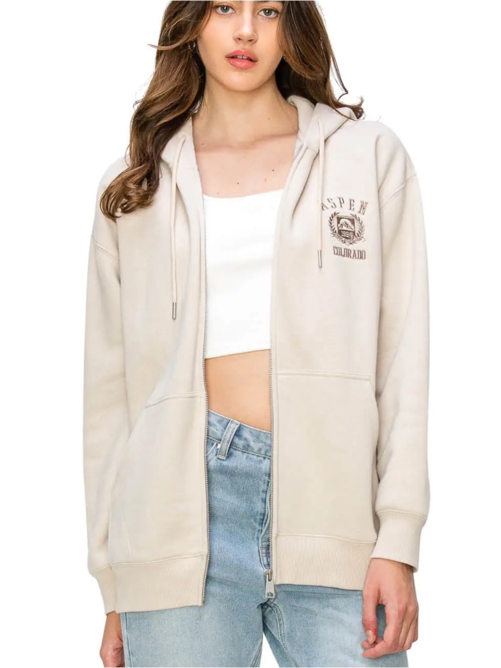 Lazy Sunday Aspen Colorado Embroidered Full‎ Zip Hoodie Cream Tan Size Medium